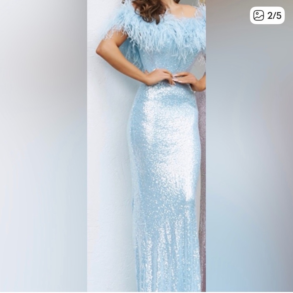 Jovani Light Blue Sequin Feather Off-Shoulder Prom Gown